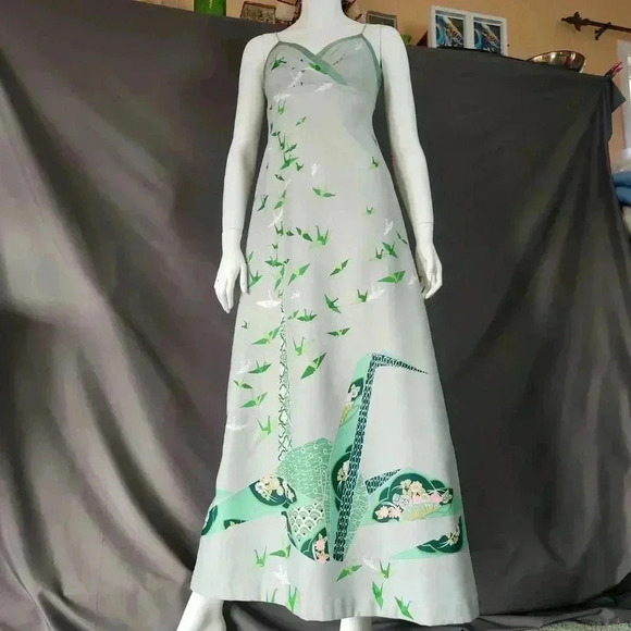 VINTAGE 1970s Crane Print Maxi Sun Dress S - Picture 5 of 12